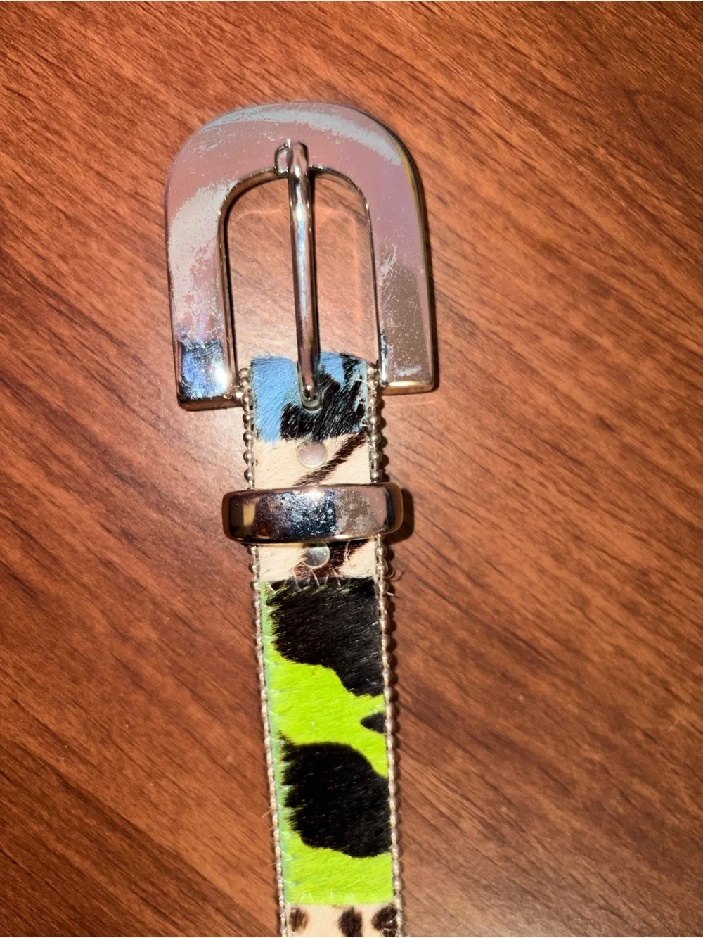 Cache 90s Y2K Rainbow Calf Hair Belt Mix Animal Print Beaded Edge Silver Buckle